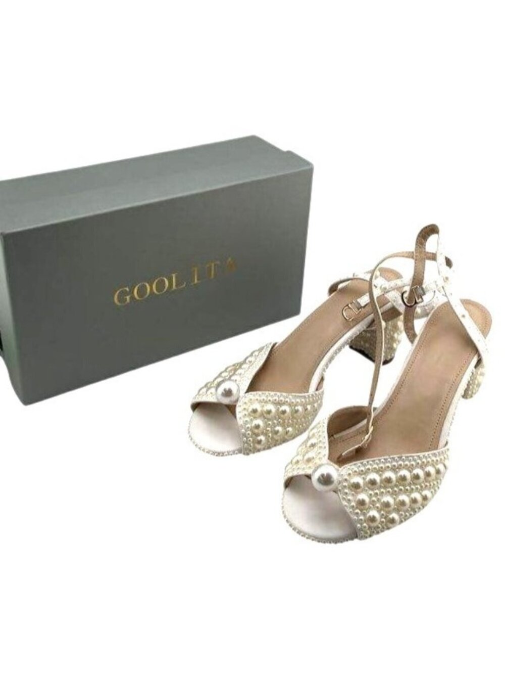 Goolita Full Pearl Block Heel Bridal Sandals White Women's Size 8.5 EU 39 DS